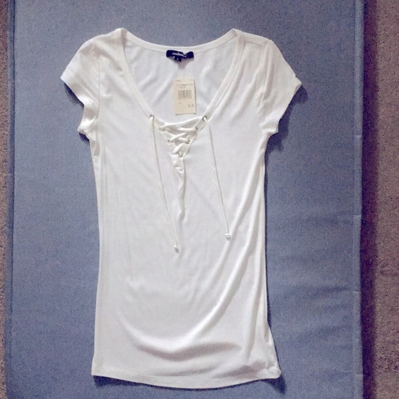 Donating soon! Short sleeved white Lace up top- S - Picture 3 of 5